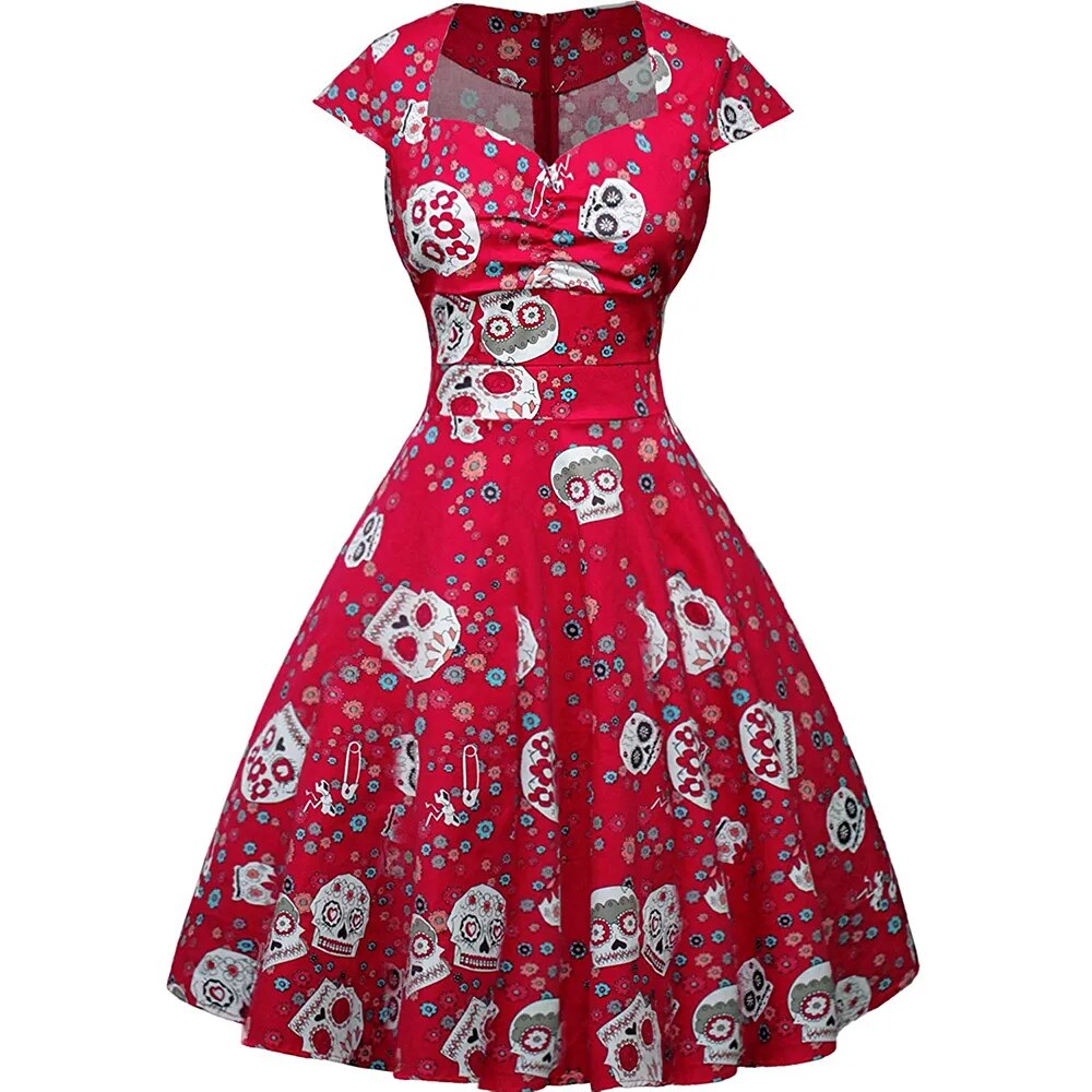 Hepburn Pin Up Rockabilly Vestidos Vintage Gothic Party Dresses Skull Print Swing 50s 60s Dress Women Emo Alt Halloween Clothes