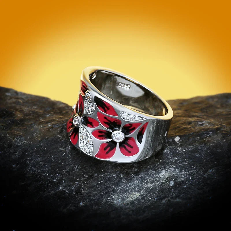 Fashionable and Exquisite Red Flower Women's for Ring New Handmade Enamel Women's Jewelry Wedding Bridal Ring Party Jewelry
