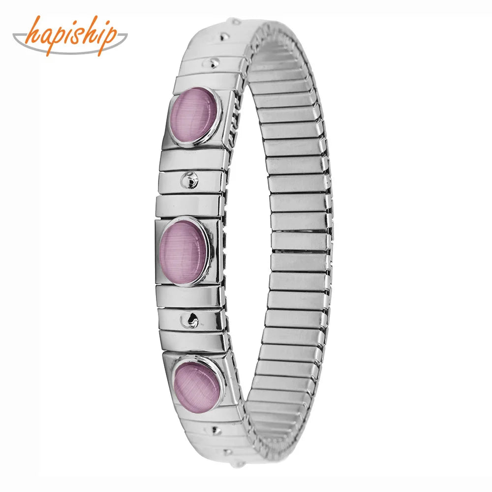 Hapiship New Women's Jewelry 9mm Width Stainless Steel Pink Opals Elastic Fashion Bracelet For Women Men Jewelry MY028