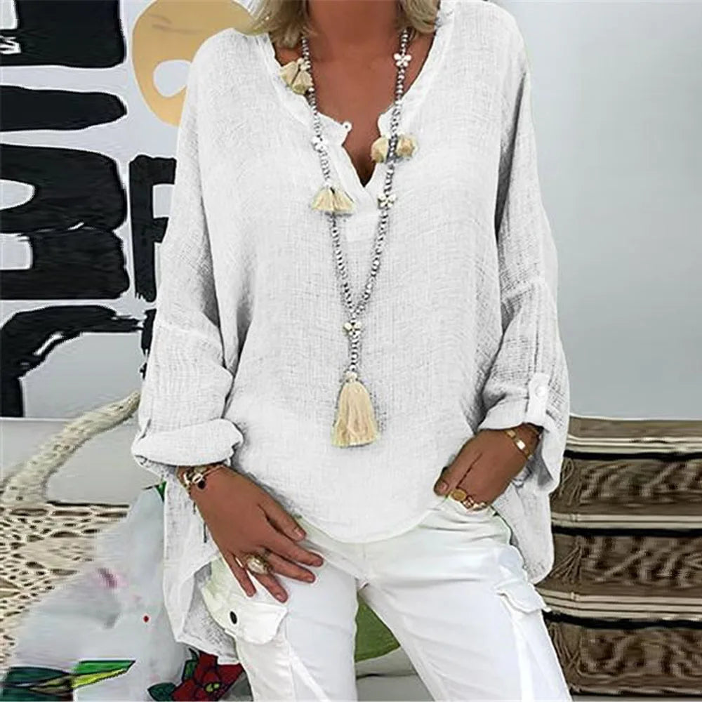 Women Casual Long Sleeve Cotton and Linen Loose Blouse Spring V Neck Print Irregular Shirt Vintage Oversized Tops Oversized