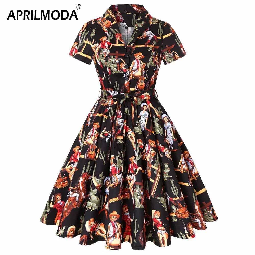 Autumn Cotton Vintage Tunic Midi Dress 50S Short Sleeve 4XL 70s Robe Swing Retro Floral Print White Rockabilly Office Vestidos