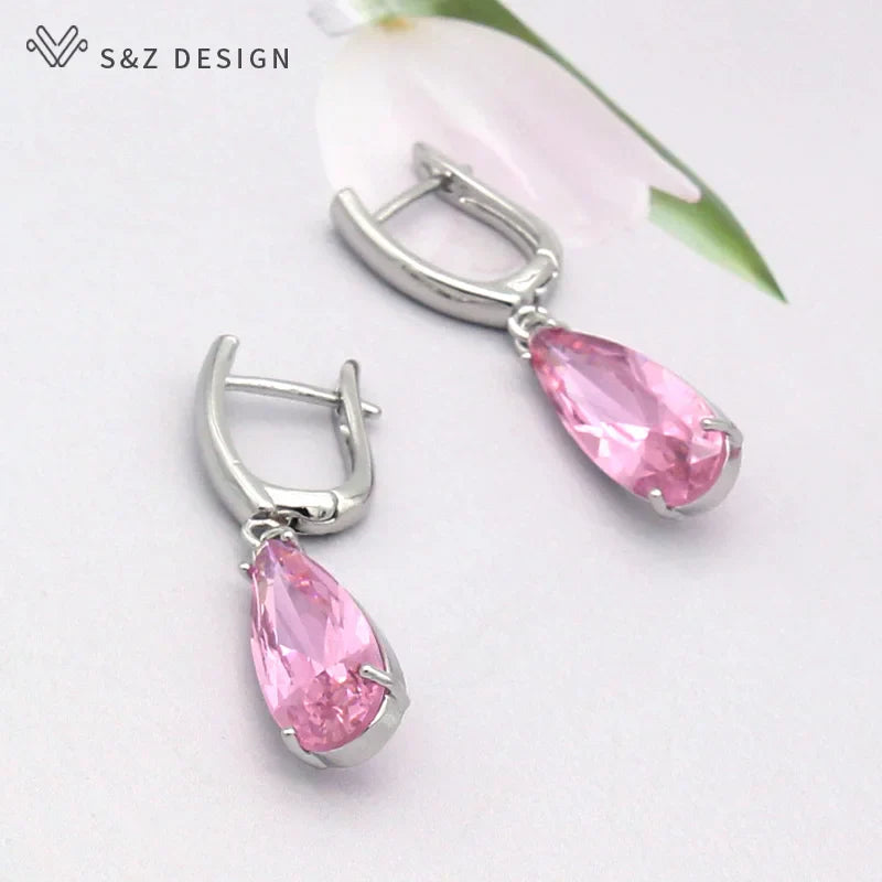 S&Z 10 Color Long Water Drop Cubic Zirconia Earring For Women Korean Fine Wedding Simple Fashion Party Jewelry