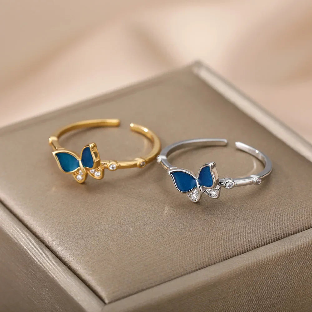 Butterfly Rings for Women Shiny Crystal Zirconia Bohemian Vintage Blue Enamel  Finger Ring Fashion Party Jewelry Gift Mujer