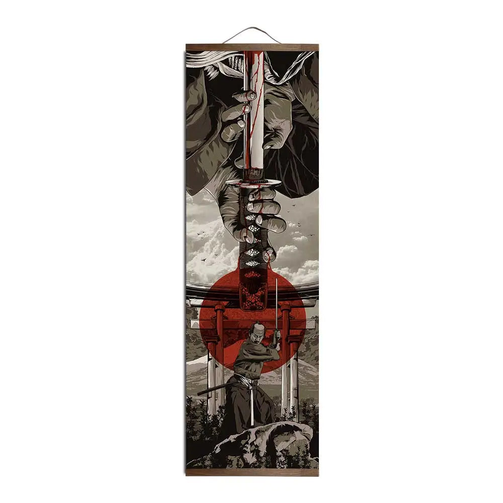 Japanese Samurai Ukiyoe Tiger Canvas Poster Pictures for Living Room Home Decor Painting Wall Art with Solid Wood Hanging Scroll
