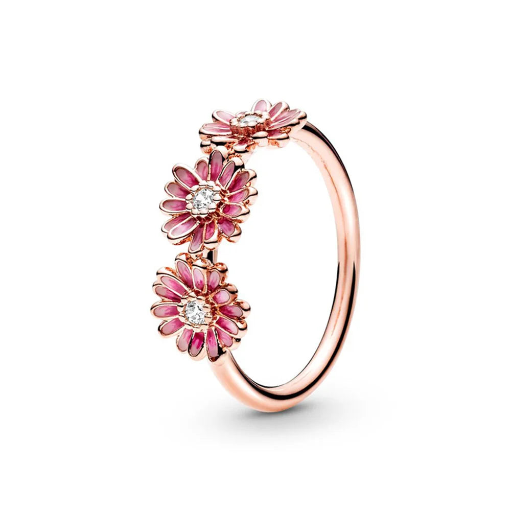 925 Sterling Silver Ring Charms Rose Gold Stripe Design Round Ball Diy Crystal Flower Finger Ring for women pandora Jewelry