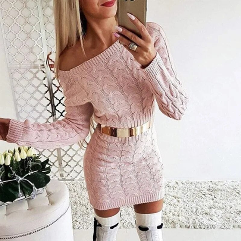 Casual Slash Neck Mini Twisted Sweater Women Vintage Autumn Winter Long Sleeve Knitted Dress Female Bodycon Outwear Dresses