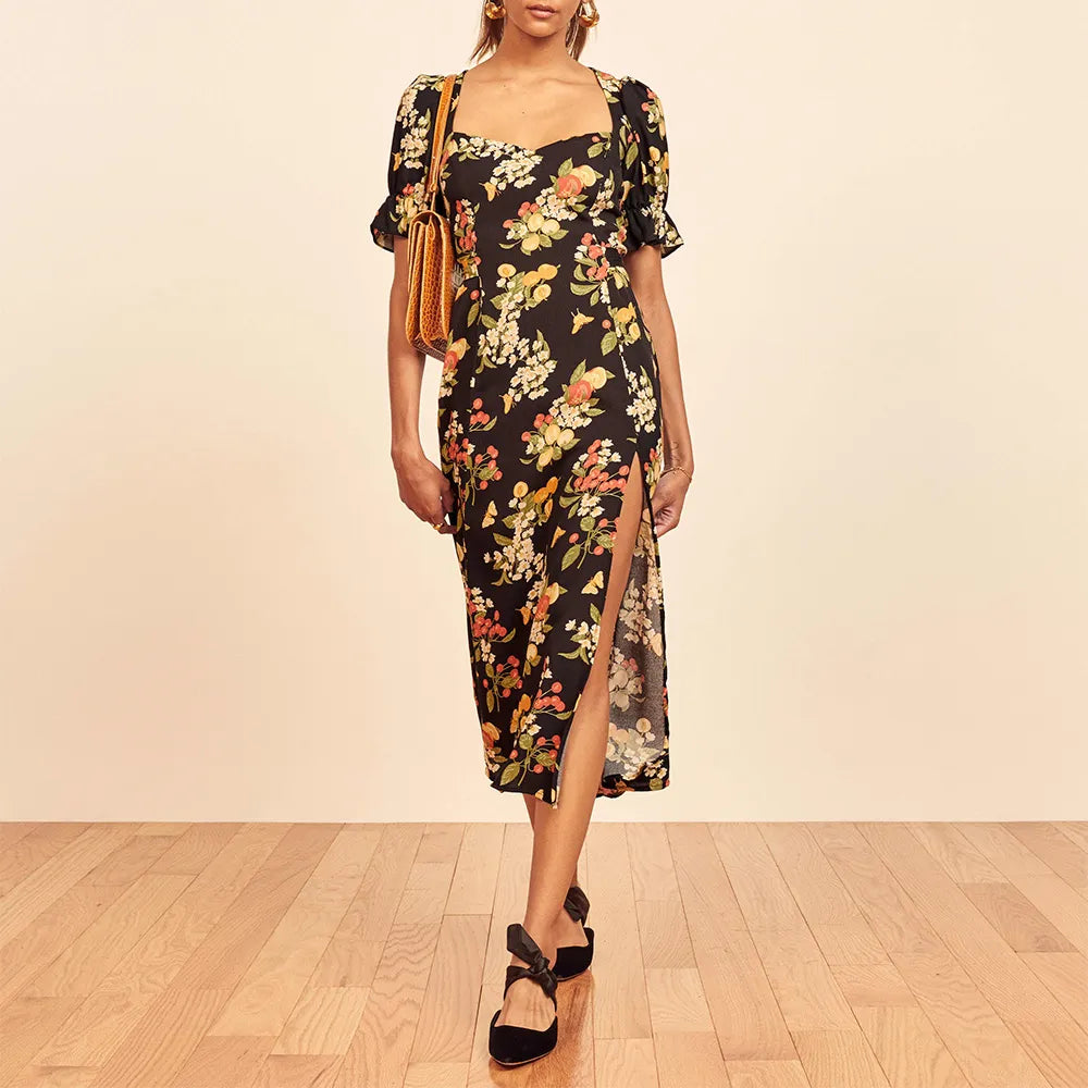 Women Short Sleeve Summer Dress Vintage Floral Print Dress Sweetheart Neck Side Slit Sexy Belted Elegant Midi Dress Sundress