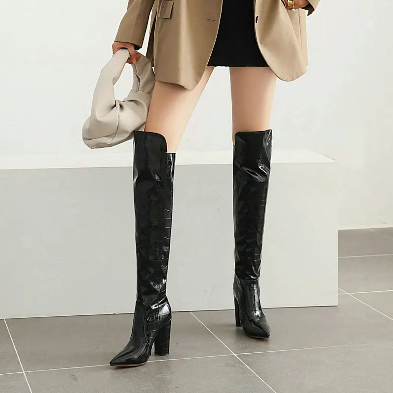 Black Brown Wine Red White Women Over the Knee Boots Patent PU Leather Women Winter Shoes Fashion Pointed Toe Square Heel Shoes