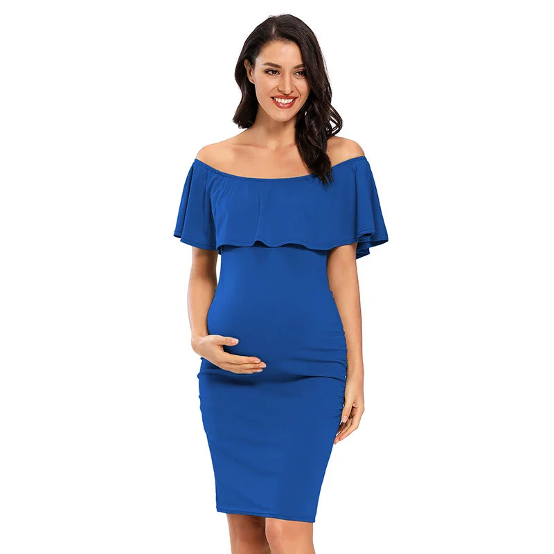 Liu&Qu Women's Maternity Dress Off Shoulder Ruffle Sleeveless Bodycon Dress Elegant Ruched Sides Bodycon Dresses for Baby Shower