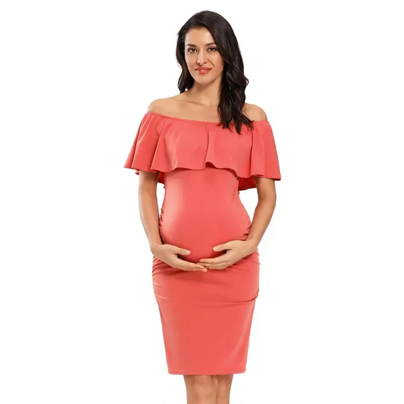 Liu&Qu Women's Maternity Dress Off Shoulder Ruffle Sleeveless Bodycon Dress Elegant Ruched Sides Bodycon Dresses for Baby Shower