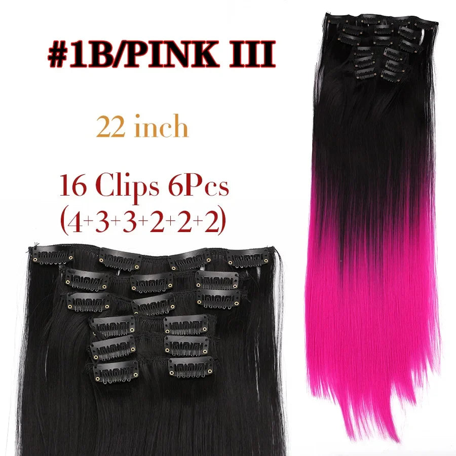 Leeons 16Clips Long Straight Synthetic Clip On Hair Extensions Cheveux Clip Naturel High Temperature Fiber Black Brown Hairpiece