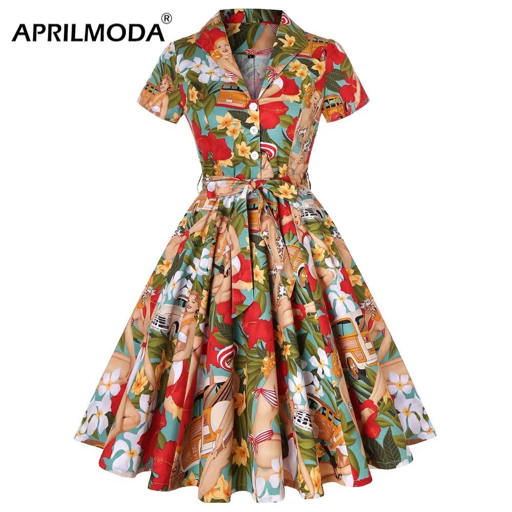 Autumn Cotton Vintage Tunic Midi Dress 50S Short Sleeve 4XL 70s Robe Swing Retro Floral Print White Rockabilly Office Vestidos