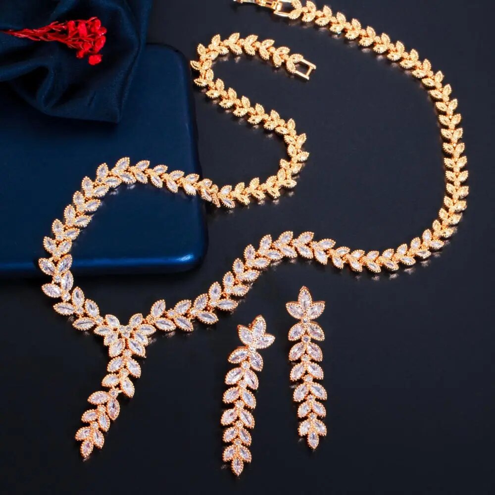 CWWZircons Leaf Shape Dangle Drop Earring and Necklace African Nigerian CZ Gold Color Wedding Jewelry Set for Brides T488