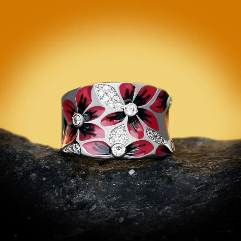 Fashionable and Exquisite Red Flower Women's for Ring New Handmade Enamel Women's Jewelry Wedding Bridal Ring Party Jewelry