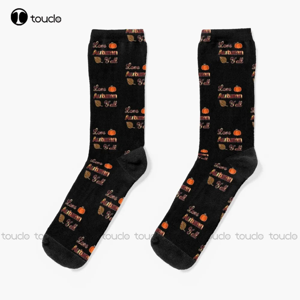 Love Autumn Y'All Fall Season Leaf Foliage Gourd. Socks Girls Crew Socks Christmas Fashion New Year Gift 360° Digital Print