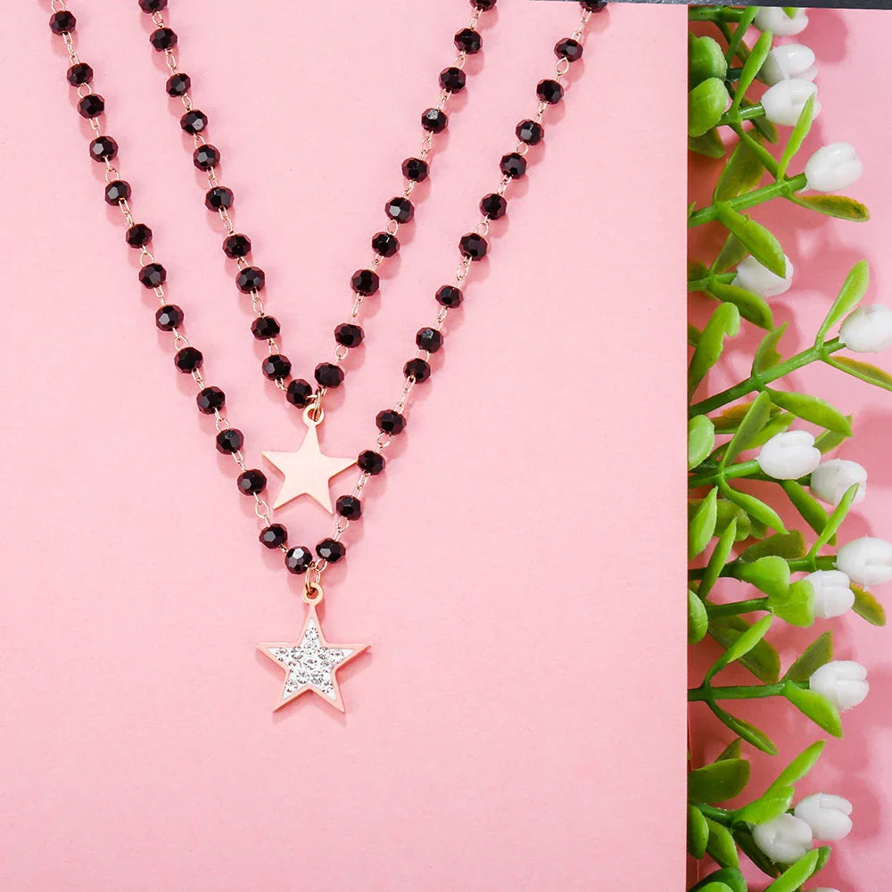 Fashion Double Layer Black Crystal Beads Necklace For Women Stainless Steel Star Choker Necklace Women's Jewelry femme Bijoux