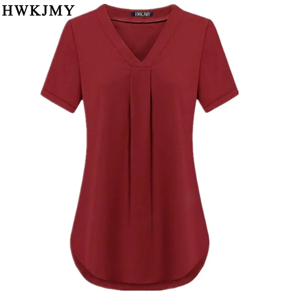 Summer Women's Clothing Casua Sexy V-neck Short Sleeve Shirt Solid Color Loose Pleated Chiffon T-shirt Tops Ladies Tee S-6XL