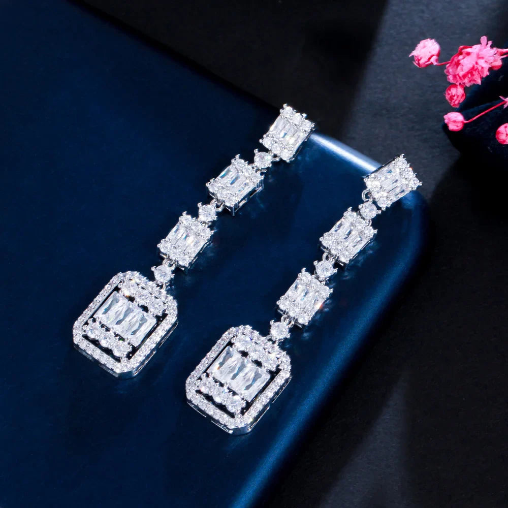 CWWZircons Gorgeous White Baguette CZ Long Dangle Party Earrings for Women Chic Cubic Zirconia Engagement Bridal Jewelry CZ065