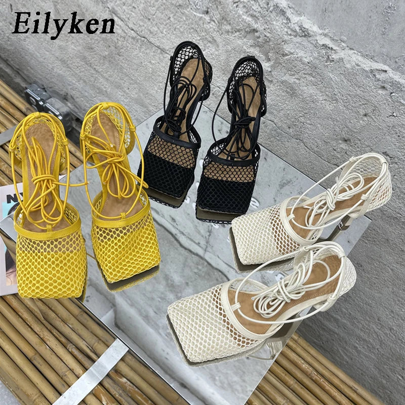 Eilyken 2023 New Sexy Mesh Pumps Sandals Female Square Toe High Heel Lace Up Cross-Tied Stiletto Hollow Shoes
