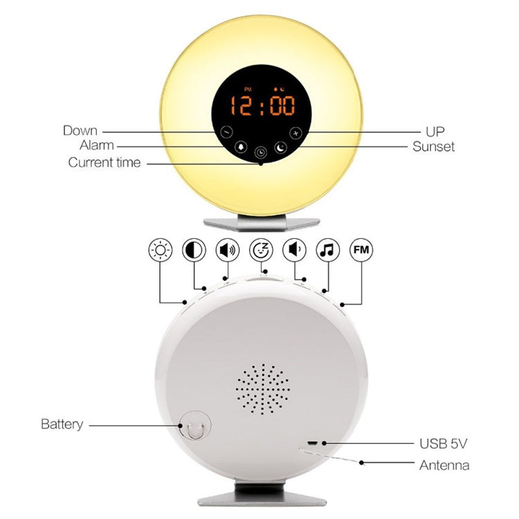 Multi-function Led Touch Intelligent Wake-up Light Alarm Clock with FM Radio, USB