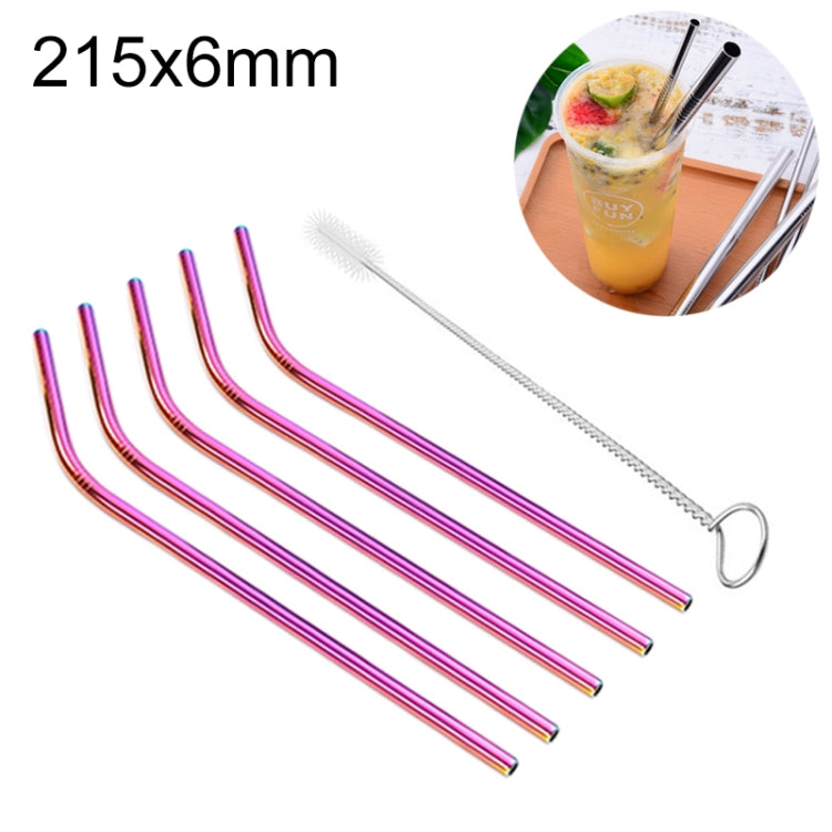 5pcs Reusable Stainless Steel Bent Drinking Straw + Cleaner Brush Set Kit,  215*6mm, 215*6mm (Bent)