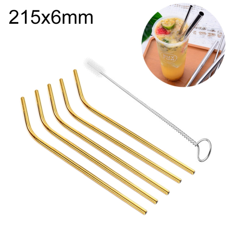 5pcs Reusable Stainless Steel Bent Drinking Straw + Cleaner Brush Set Kit,  215*6mm, 215*6mm (Bent)