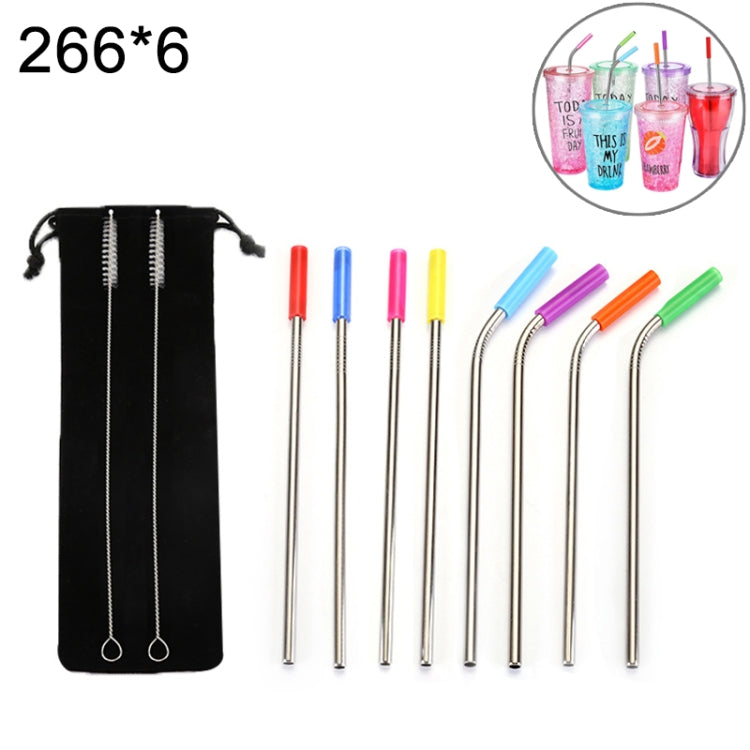 8 PCS Reusable Silicone Tips Stainless Steel Drinking Straws + 2 PCS Cleaner Brushes Set Kit with Cashmere Bag,  266*6mm, 266*6mm