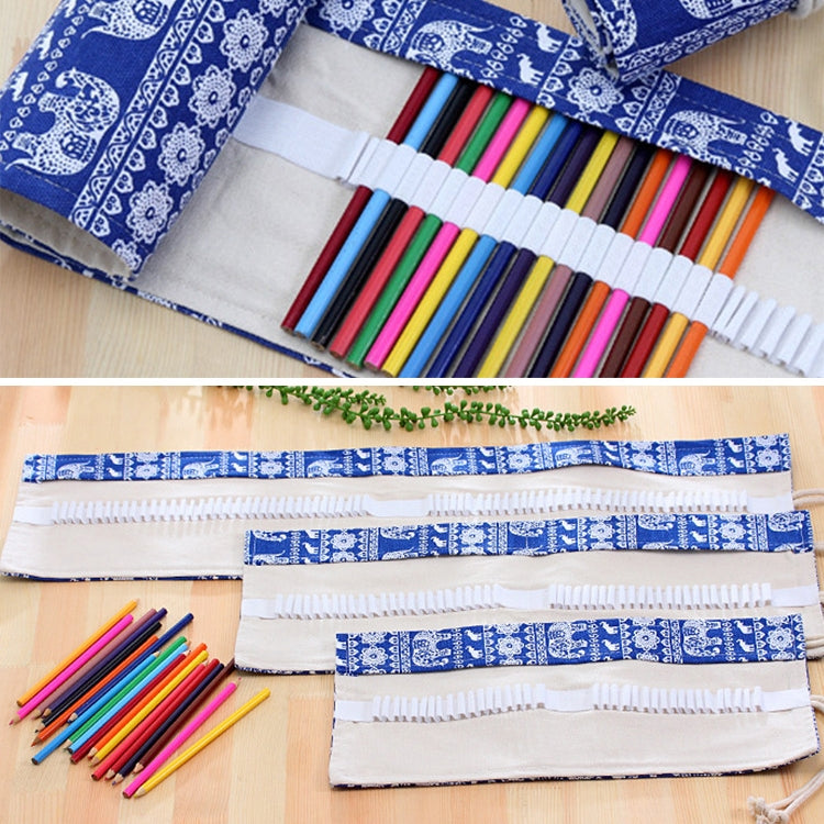 48 Slots Ethnic Elephant Print Pen Bag Canvas Pencil Wrap Curtain Roll Up Pencil Case Stationery Pouch, 48 Slots