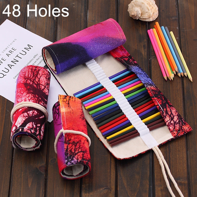 48 Slots Sunset Tree Print Pen Bag Canvas Pencil Wrap Curtain Roll Up Pencil Case Stationery Pouch, 48 Slots