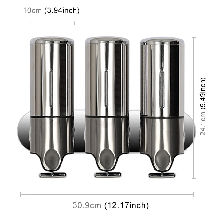 Triple Hotel Shower Manual Dispenser Wall Mounted Washing Liquid Shampoo Soap Bottle, Capacity: 1200ml, 1200ml/Stainless Steel