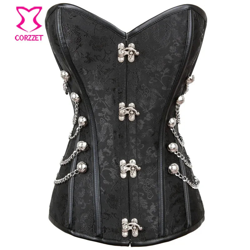 Corzzet Black Brocade Steampunk Corset Armor Waist slimming Steel Boned Bustiers Top Burlesque Halloween Overbust Corset Jacket