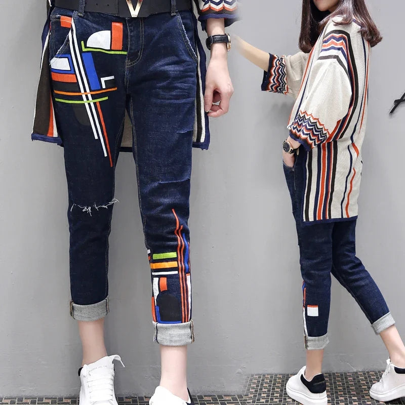 S-6XL Women's Spring Large Size Two-piece 2023 New Fashion Loose High Waist Printing Set Female High-end Shirt + Jeans Two-piece