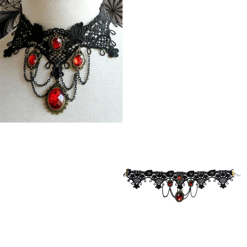 1Pcs Gothic Black Lace Choker Halloween Red Rhinestone Charms Vampire Necklace Cocktail Evening Party Dress Jewelry