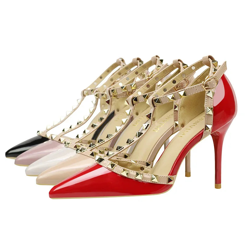 Women's Shoes 9CM Pumps Sexy Club Thin Heel Shows Thin High Heel Shallow Mouth Head Rivet Hollows Word to Take Single Shoe