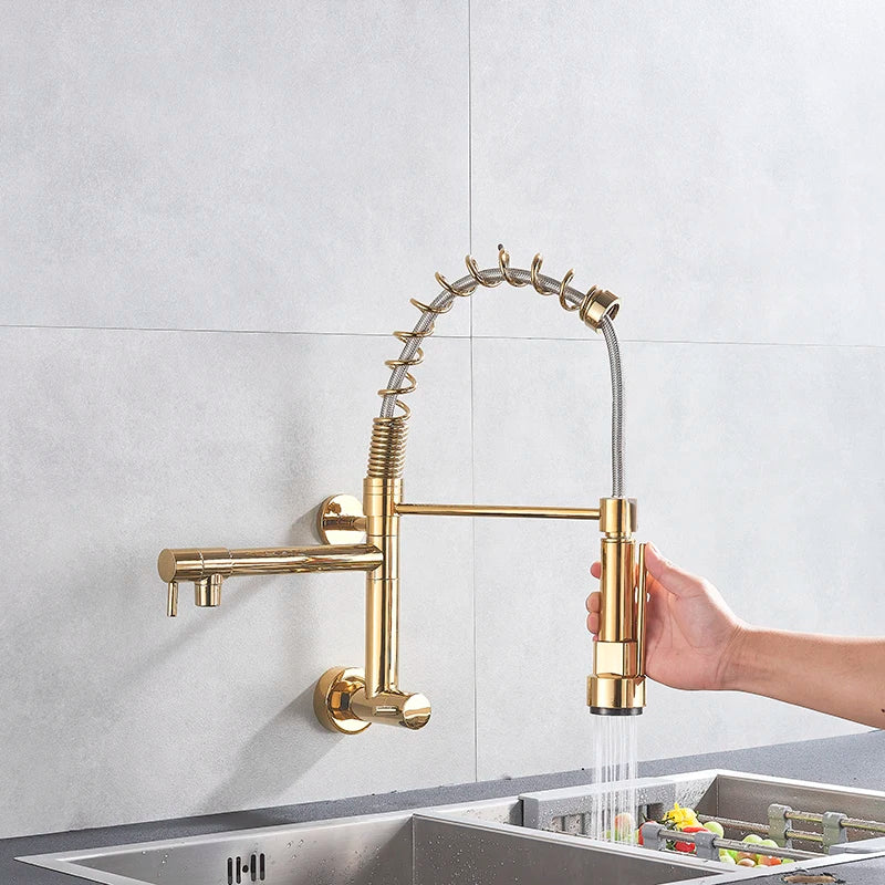 Wall Mounted Spring Kitchen Faucet Chrome Black Pull Down Sink Faucets Single Cold Water Dual Spouts Mixer 360 Rotation Crane
