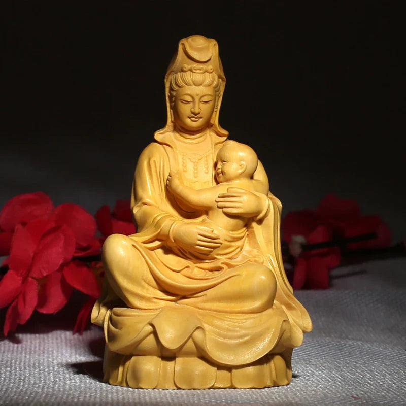 Guan Yin Embracing Child: Exquisite Wooden Buddha Representation, Artful Carved Miniature Sculpture for Elevated Home Decor