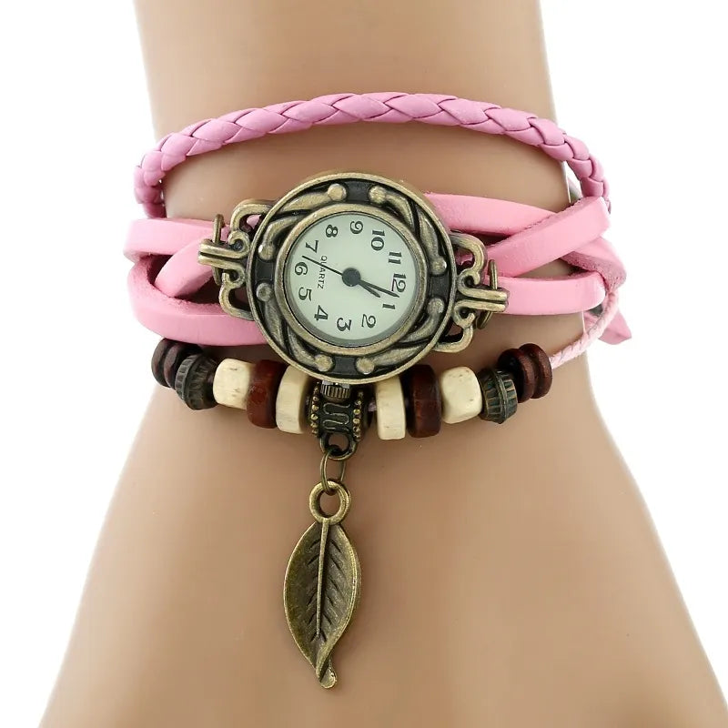 Gnova Platinum TOP Genuine Leather Bracelet Watch Women LEAF Vintage wristwatch Korean Fashion student school