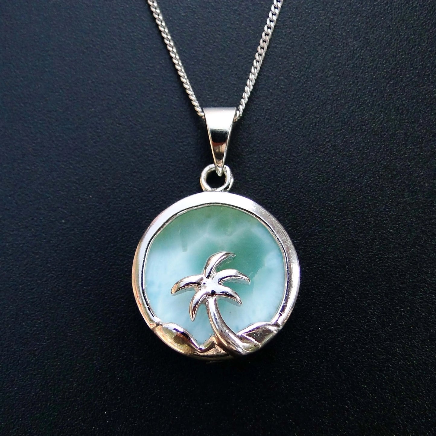 Beautiful Women's Jewelry 925 Sterling Silver Blue Natural Larimar Palm Tree Ocean Pendant Necklace For Gift