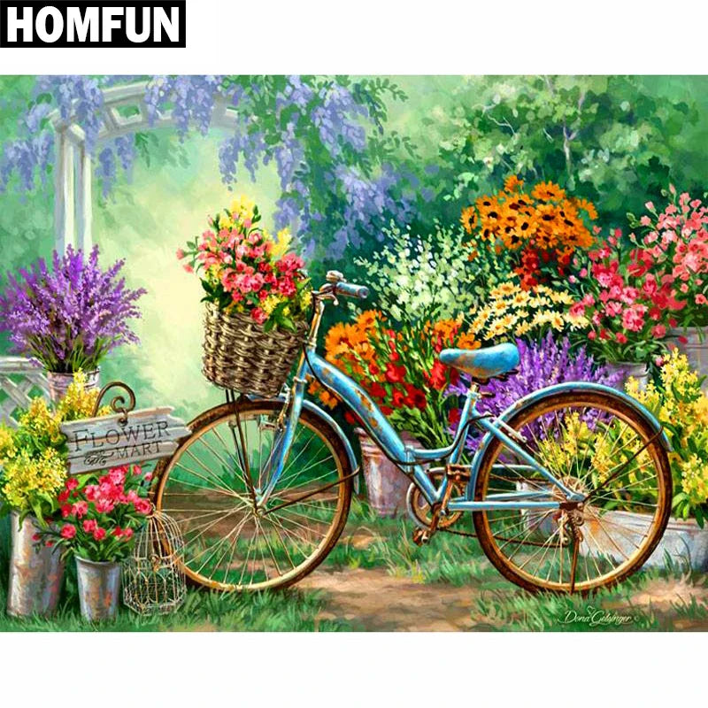 HOMFUN 5D Diamond Painting Full Drill Diamond Embroidery "Flowers And Bicycles" Picture Of Rhinestone Handmade Home Decor