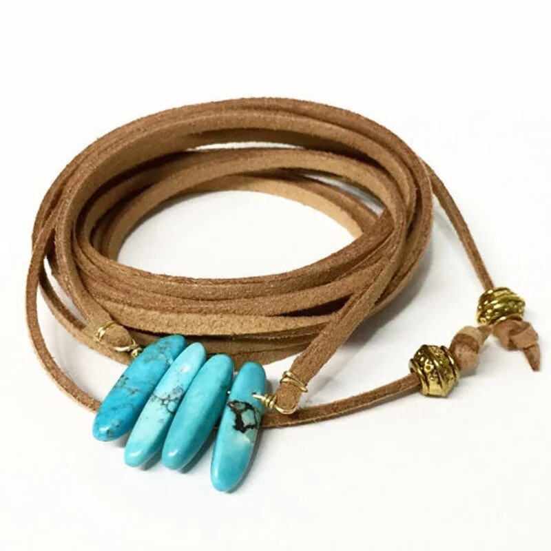 Fashion Jewelry Brown Rope Necklace Leather Turquoises Charm Bow Choker DIY Necklace Gift For Women Girl