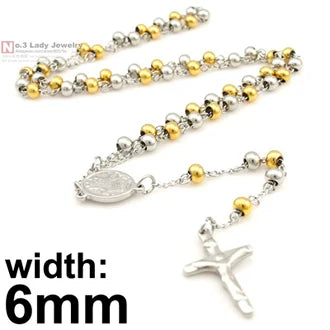 Gokadima Stainless Steel Necklace Men Jewelry or Women Catholic Rosary Beads Chain Necklace Cross For Christmas Gift, 4mm / 6mm
