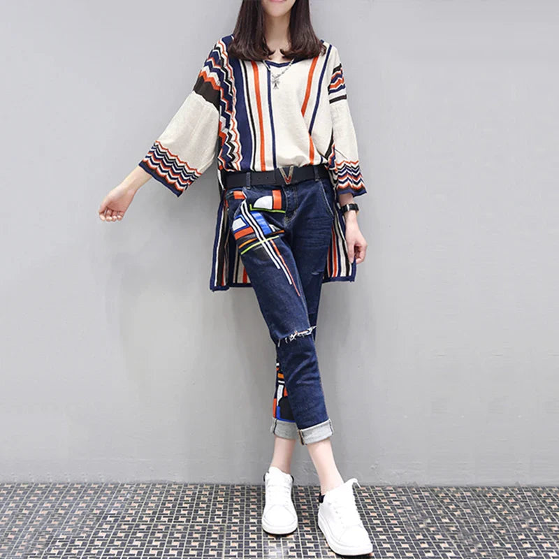 S-6XL Women's Spring Large Size Two-piece 2023 New Fashion Loose High Waist Printing Set Female High-end Shirt + Jeans Two-piece