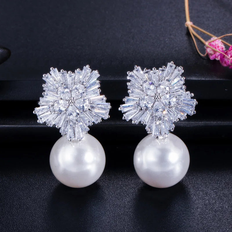 CWWZircons 2022 New Arrival Snow Flower Design Women Big Drop White Pearl Earrings with Cubic Zirconia Christmas Gift  CZ069