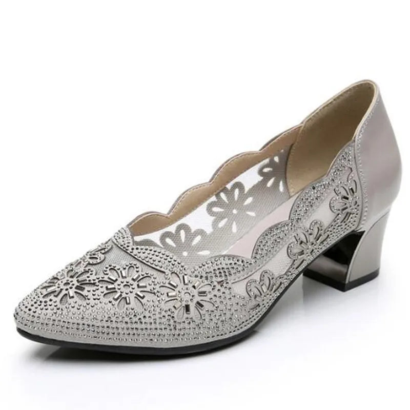 GKTINOO 2026 Summer Fashion Hollow Out Genuine Leather Pumps Women Shoes Med Heels Square Heel Mesh Ladies Office Shoes Crystal