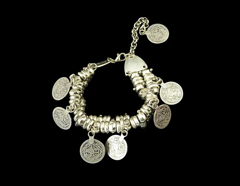 Fashion Men Bangle Bohemian Vintage Turkish Silver Plated Antalya Bracelet Gypsy Beach Chic Festival Silver Coin Bracelet