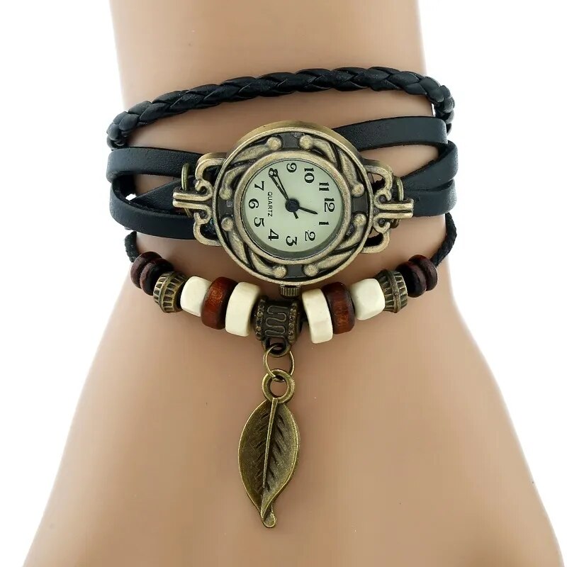 Gnova Platinum TOP Genuine Leather Bracelet Watch Women LEAF Vintage wristwatch Korean Fashion student school