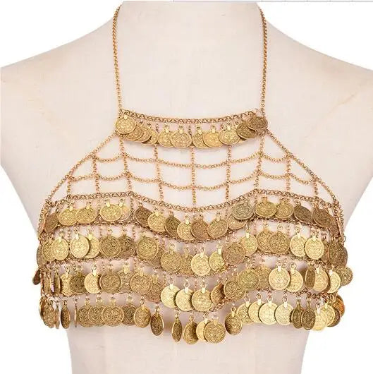 Full Coins Tassel Chest Chain For Summer Beach Party Bohemian Gypsy Afghan Ethnic Slave Harness Underwear Bra Sexy Body Jewelry