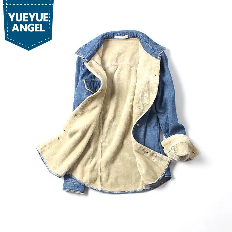 New Winter Ladies Thick Warm Denim Shirts Streetwear Slim Fit Lapel Collar Shirts Female Fleece Lining Jean Shirts S-2XL