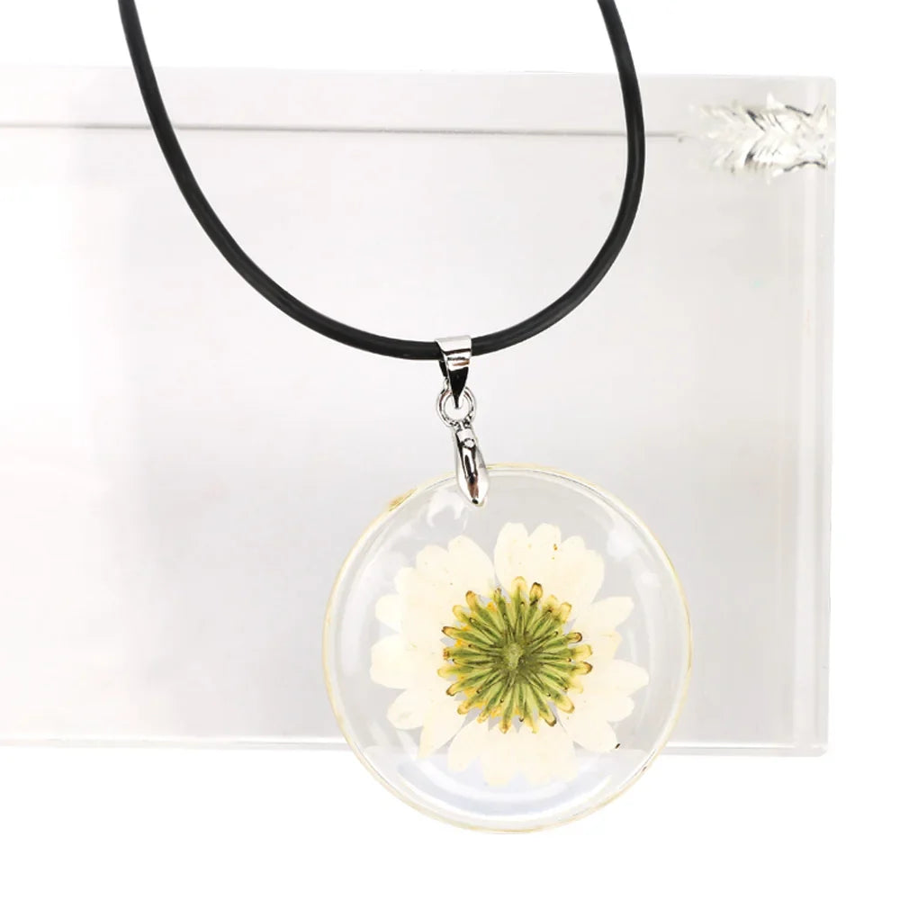 New 1 Pcs Beauty Cute Dried Daisy Flower Handmade Pendant Necklace Charm Gift Women's Jewelry Round Flower Necklace