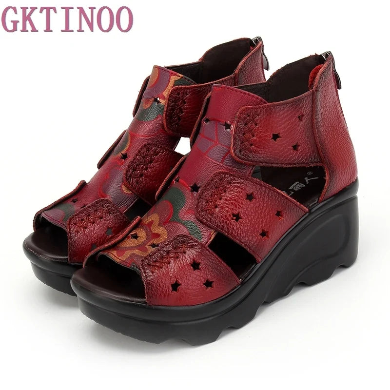 GKTINOO 2026 Ethnic Style Genuine Leather Women Shoes Sandals Wedges Sandals Handmade Genuine Leather Women Sandal